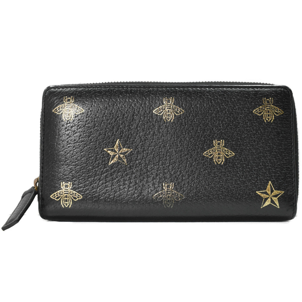 GUCCI Bee Star Round Zip Wallet Long Black Leather